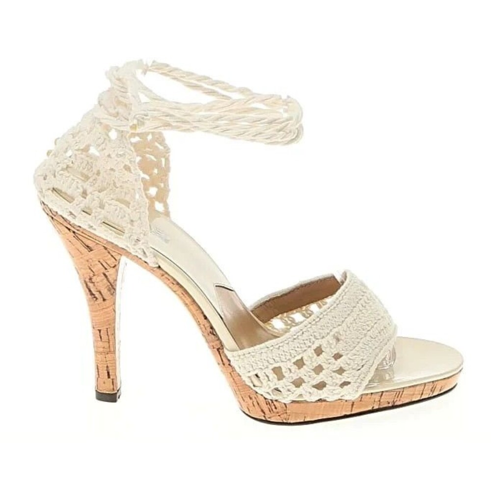DESIGNER MICHAEL KORS IVORY CROCHET CORK HIGH HEELS STRAPPY SANDALS 8.M - Picture 3 of 14
